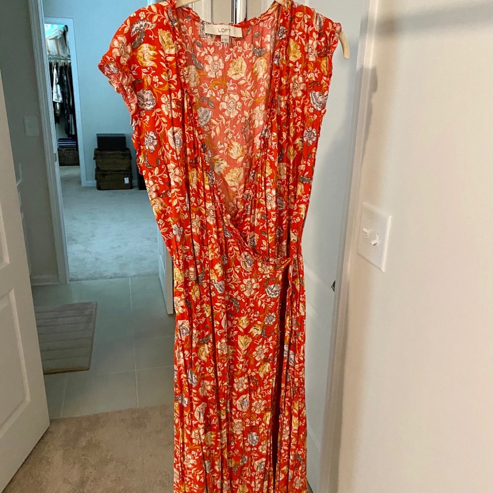 Red wrap dress with floral print